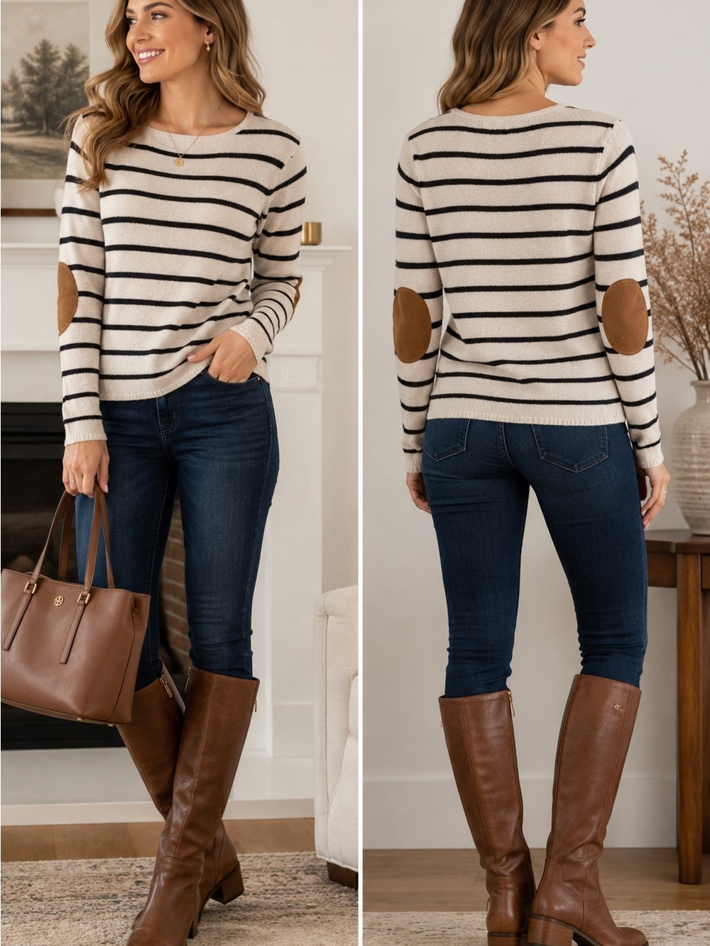 August Mist Striped Knit Sweater w/ Faux Suede Elbow Patches Small